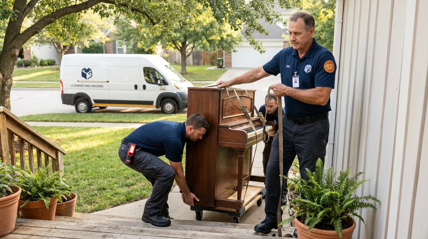 Licensed piano movers securing grand piano in Burlington, NC