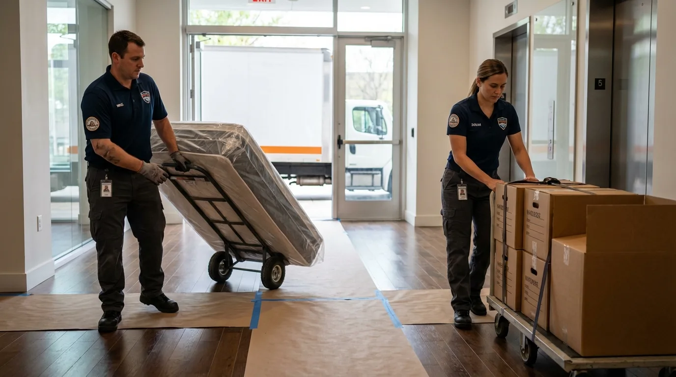 Professional apartment movers loading elevator in Burlington, NC